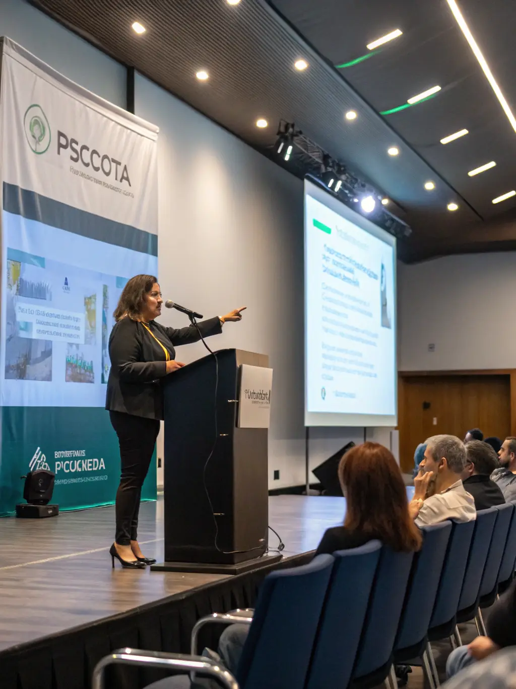 A female speaker presenting on leadership skills to an attentive audience of women professionals during a seminar organized by Aseme Canarias. The setting is a professional conference hall.