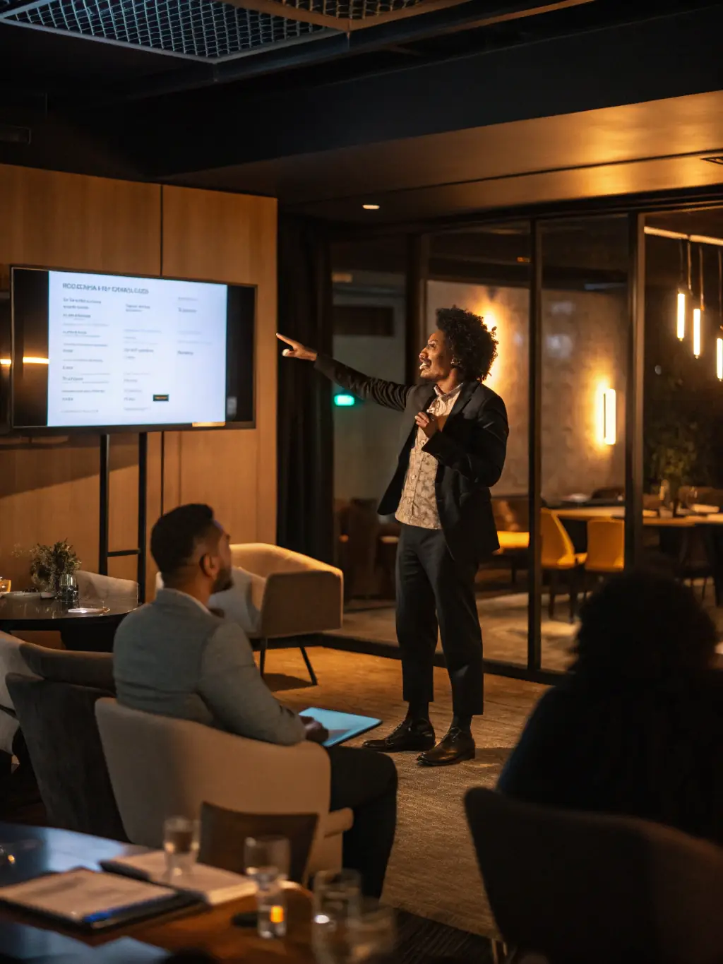 A photograph capturing a dynamic speaker presenting at an Aseme Canarias workshop on digital marketing for women entrepreneurs, held in a modern conference room in Tenerife.