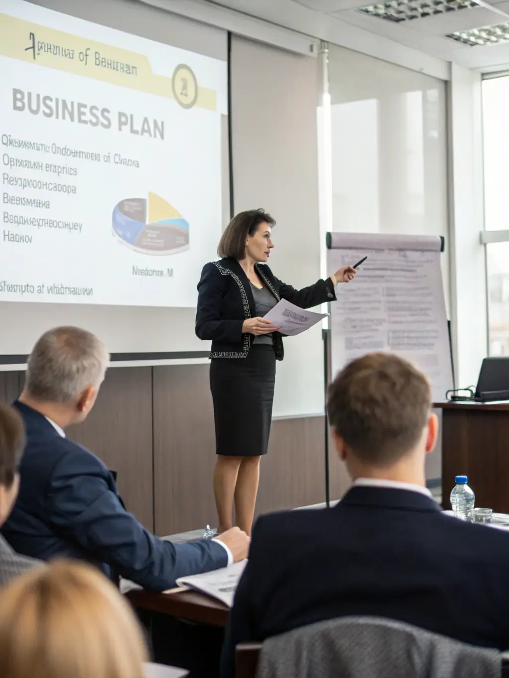 A woman entrepreneur confidently presenting her business idea to a panel of judges during a pitch competition organized by Aseme Canarias. The scene is dynamic and engaging.