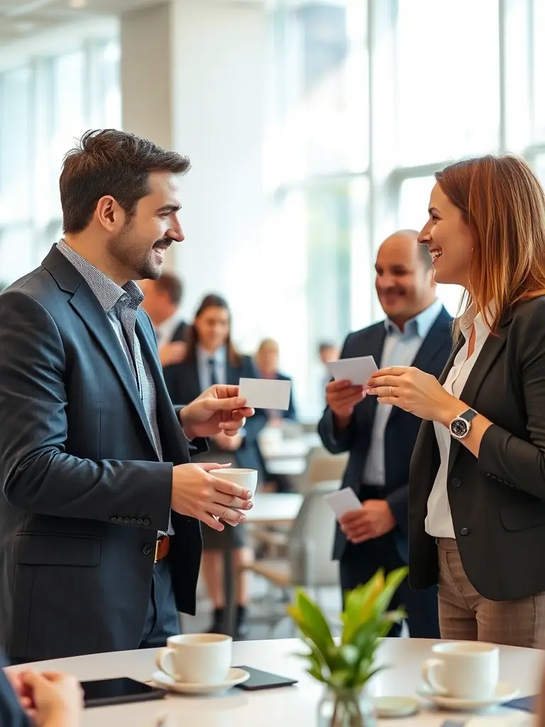 A close-up shot of women networking during a coffee break at an Aseme Canarias event, exchanging business cards and engaging in conversation. The background shows event branding.
